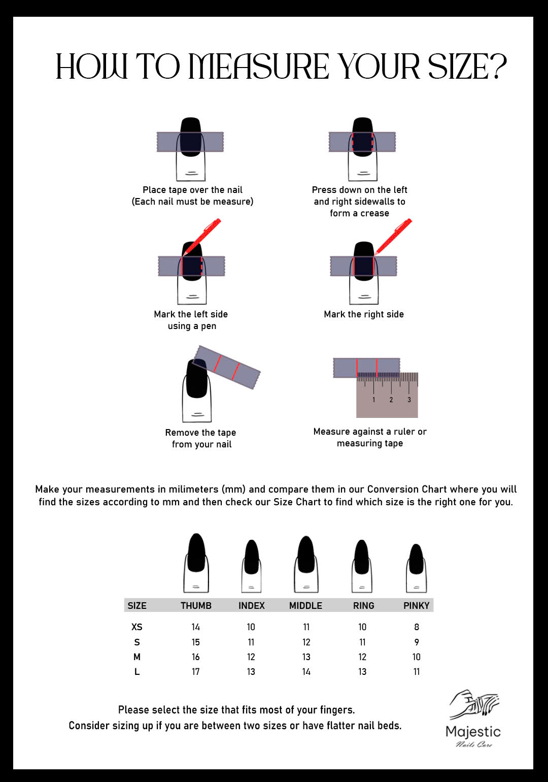 Majestic Nail Care size guide — how to measure your nails and the size chart